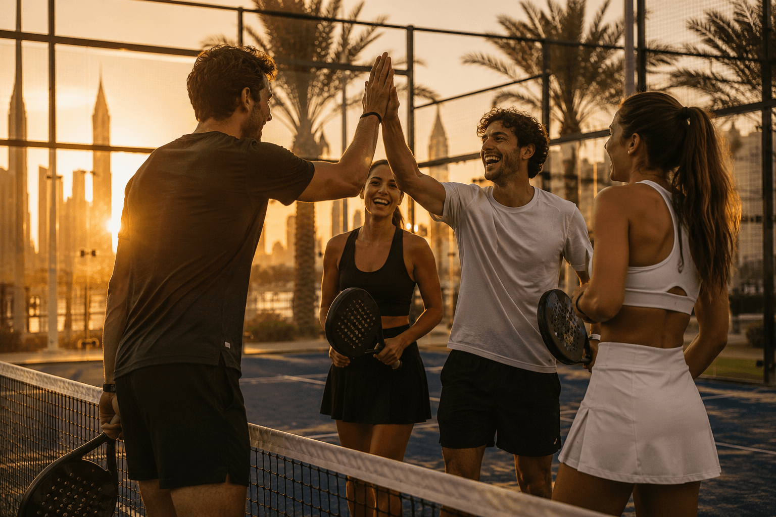 Joino community members high-fiving at sunset on a Dubai padel court